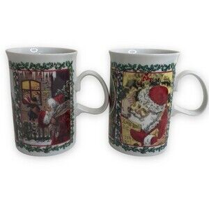 Pair Christmas Mugs Dunoon Stoneware Made in Scotland Santa Holiday Wishes Two